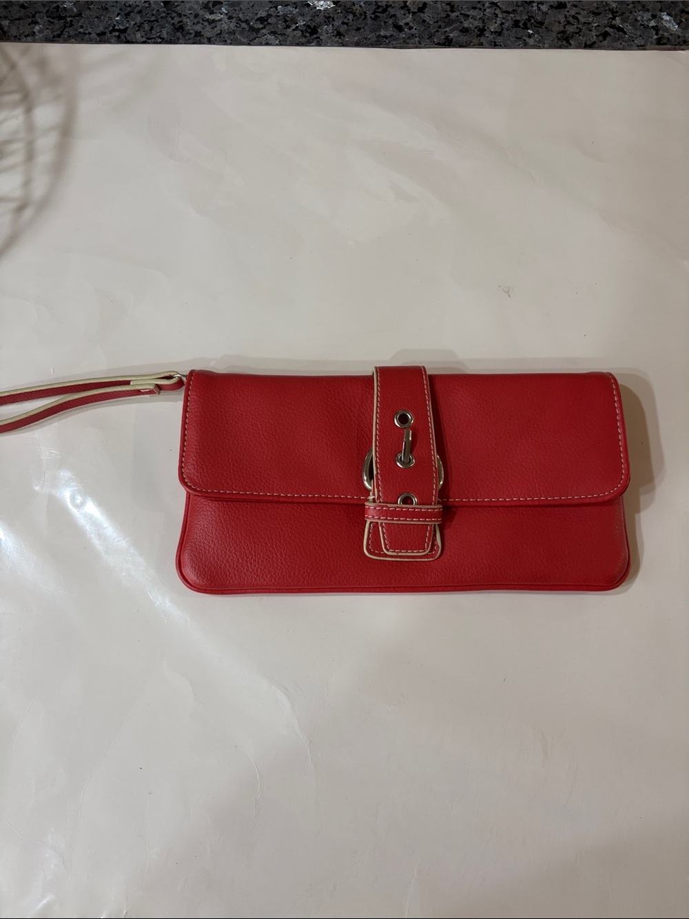 New York & Company Red Leather Wristlet Clutch with Buckle Strap